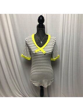Roly Poly Top Womens Size Small Gray White Stripe Chartreuse Green Comfy Shirt